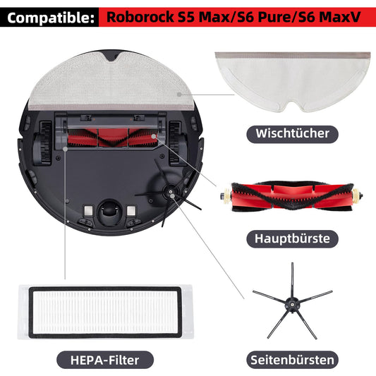 14-piece accessory set for Xiaomi Roborock S5 Max S6 Pure S6 MaxV S50 vacuum cleaner replacement parts. Includes 2 main brushes, 4 HEPA filters, 4 side brushes, 3 mopping cloths, and 1 tool (black).