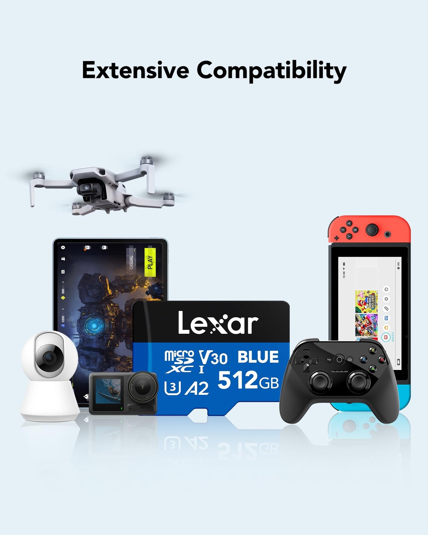 Lexar Blue Micro SD Card 512GB, up to 160 MB/s read, microSDXC UHS-I card, Class 10, U3, V30, A2, Full HD & 4K video, high-speed memory card for smartphones/tablets/action cameras.