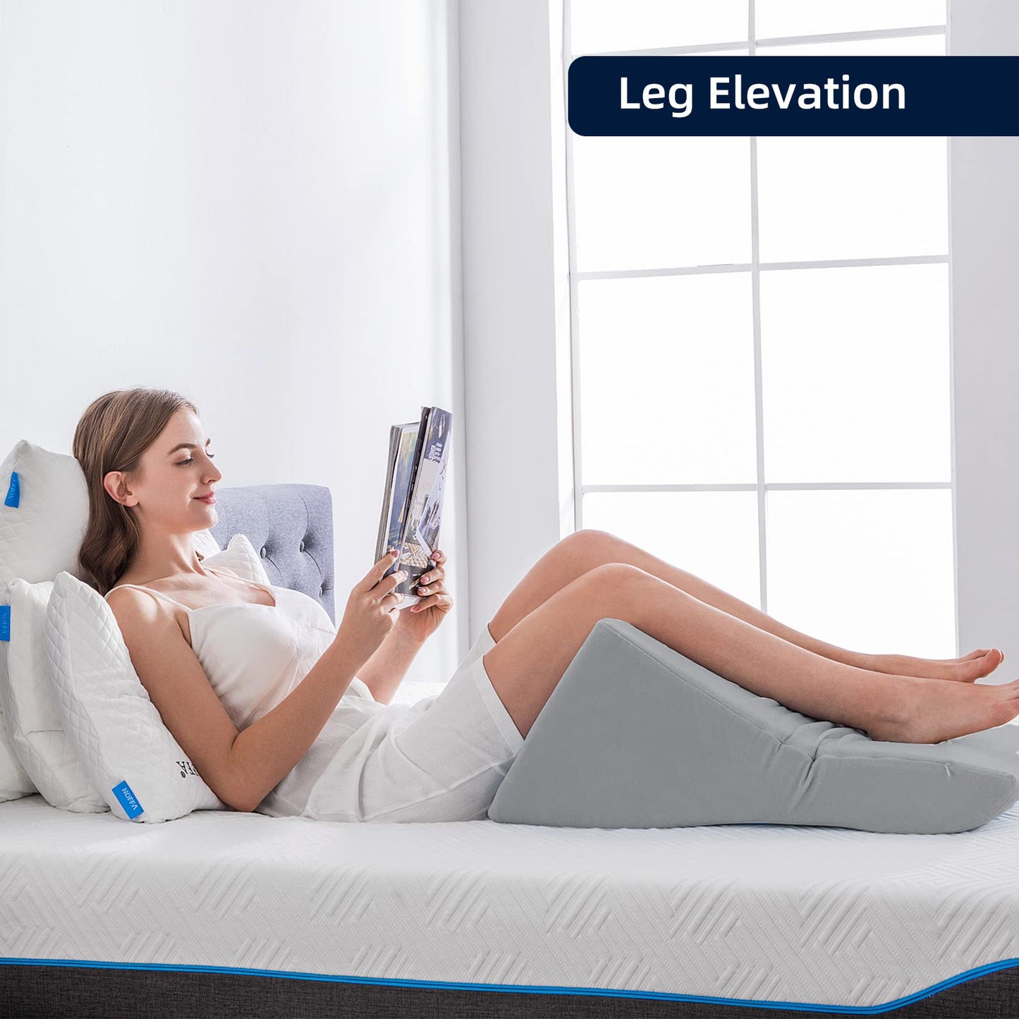 NOFFA Reading Pillow for Bed and Sofa - Memory Foam Wedge Pillow - Ergonomic Backrest Headrest - Perfect for back support while relaxing, playing, reading, or watching TV - Wide