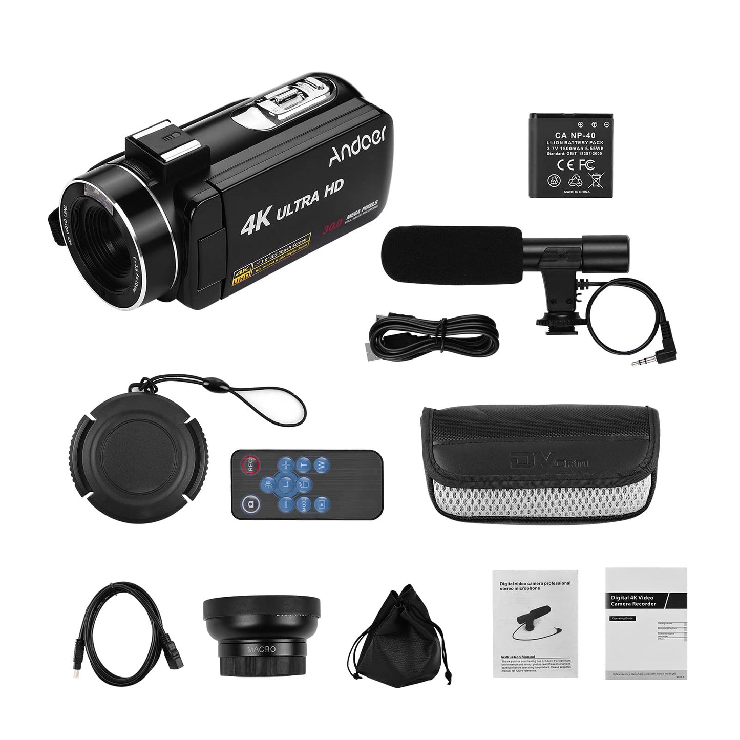 Andoer HD video camera, 4K video camera, Full HD, CMOS sensor, 18x digital zoom camera, 3.0 inch LCD, with 0.45x wide-angle lens and microphone.