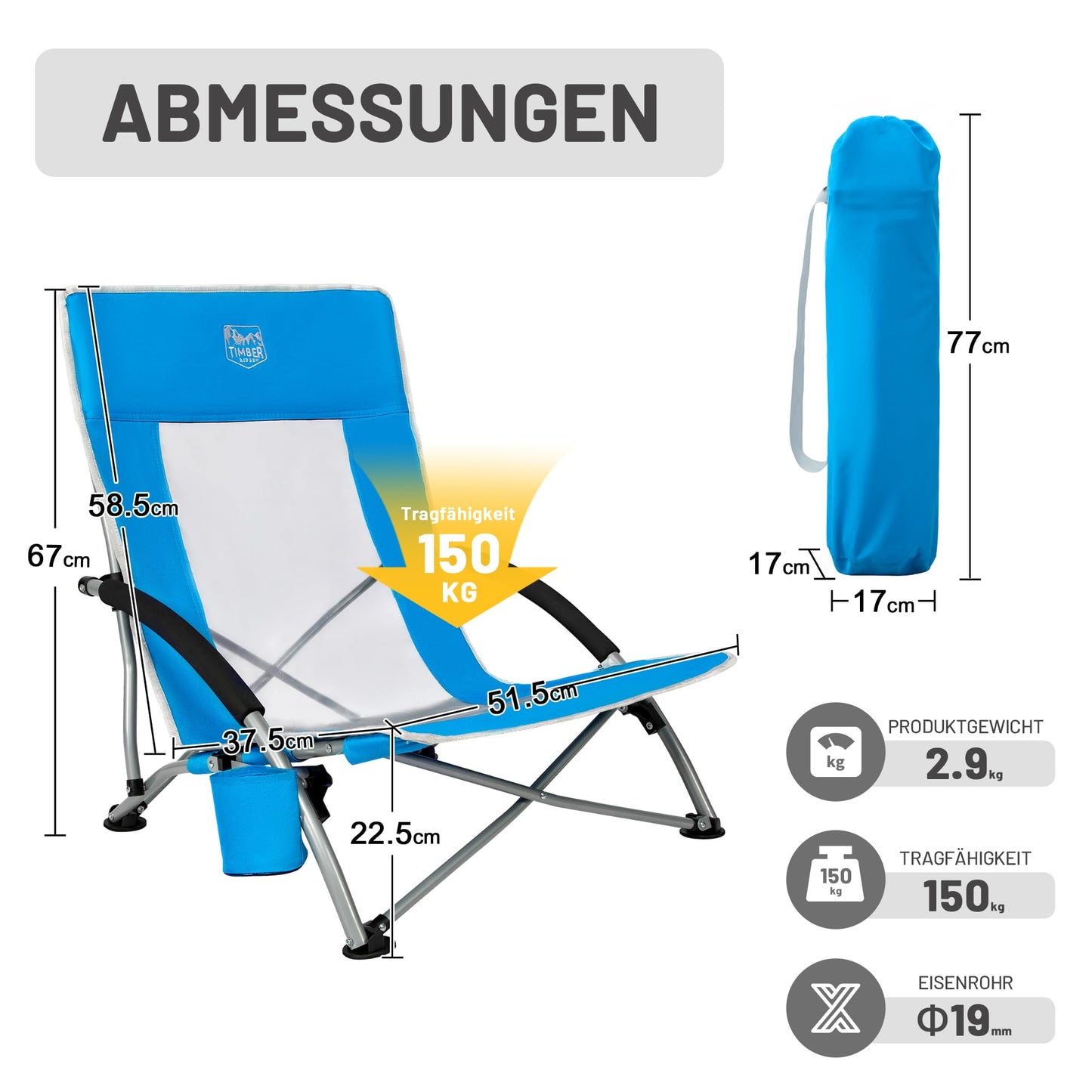 TIMBER RIDGE Beach Chair Foldable Lightweight Camping Chair with Low Chair Legs Breathable Mesh Backrest Blue 150kg Load-bearing