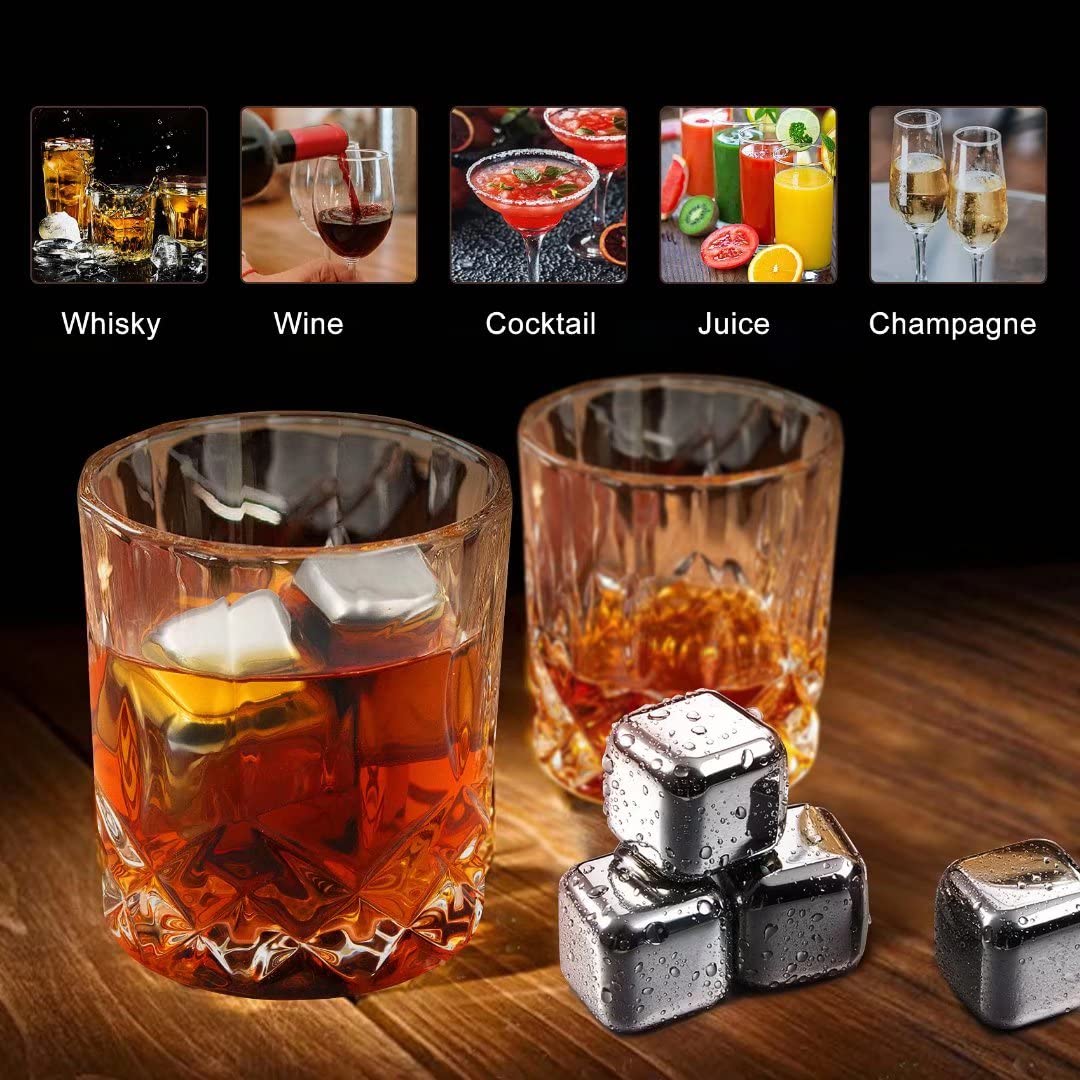 Whiskey Stones Gift Set - 6 Stainless Steel Whiskey Ice Cubes Reusable - Whiskey Rocks Cooling Stones, Special Gifts for Men - Whiskey Chillstone for Whiskey, Vodka, Gin, Wine & More.