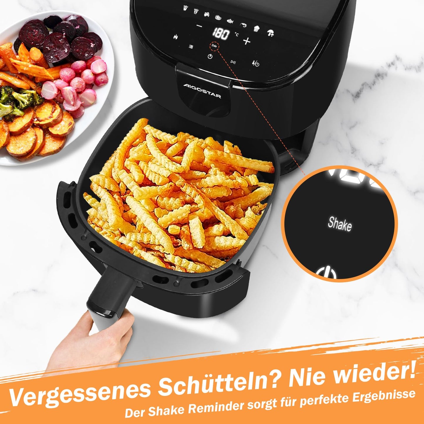 Aigostar Air Fryer 4L, large capacity hot air fryer, oil-free, 8 menu options, LED touchscreen, 1500W, BPA-free.
