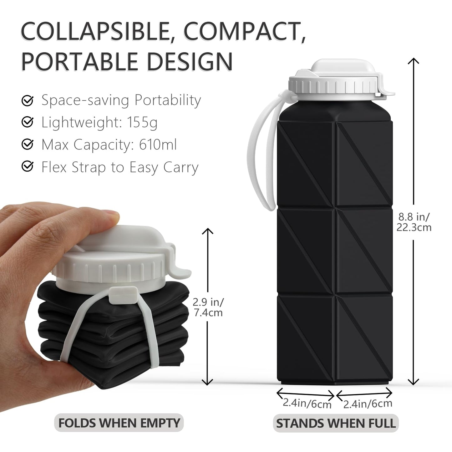BEAUTAIL Foldable Water Bottle 610ML with Straw, Portable Silicone Water Bottle, Drinking Container, Lightweight, Reusable, for Fitness, Cycling, Sports, Outdoor Sports Bottle (Black+Starlight).
