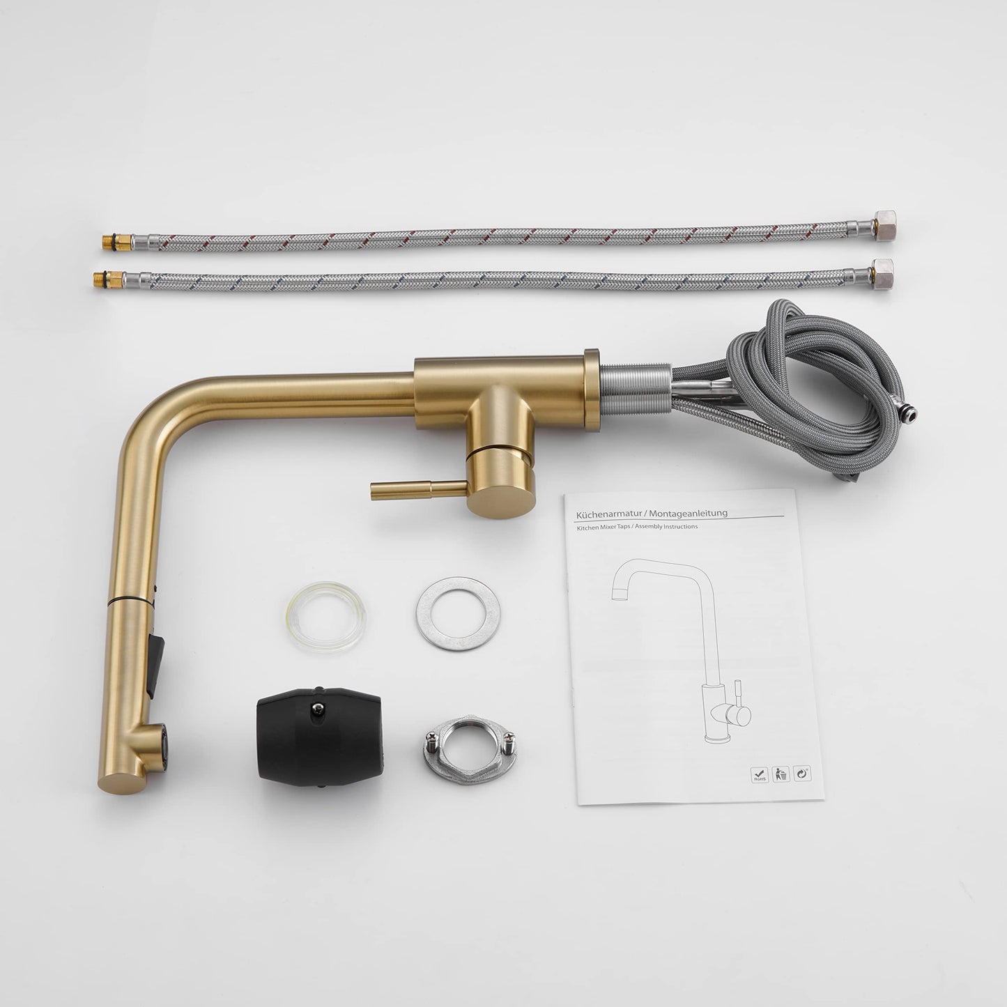KINSE kitchen faucet with pull-out spray, stainless steel sink faucet kitchen, 2 spray modes, 360° swivel, brushed gold.