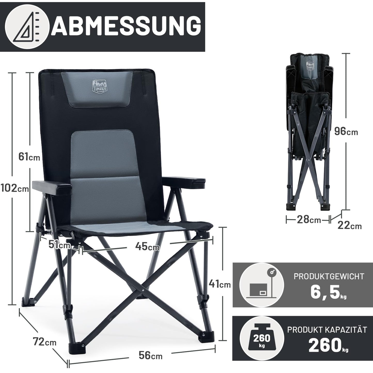 TIMBER RIDGE Folding Camping Chair 260KG Capacity 4-Position Adjustable Reclining Padded High Back Chair with Carry Bag Outdoor Chair for Garden Balcony RV Picnic