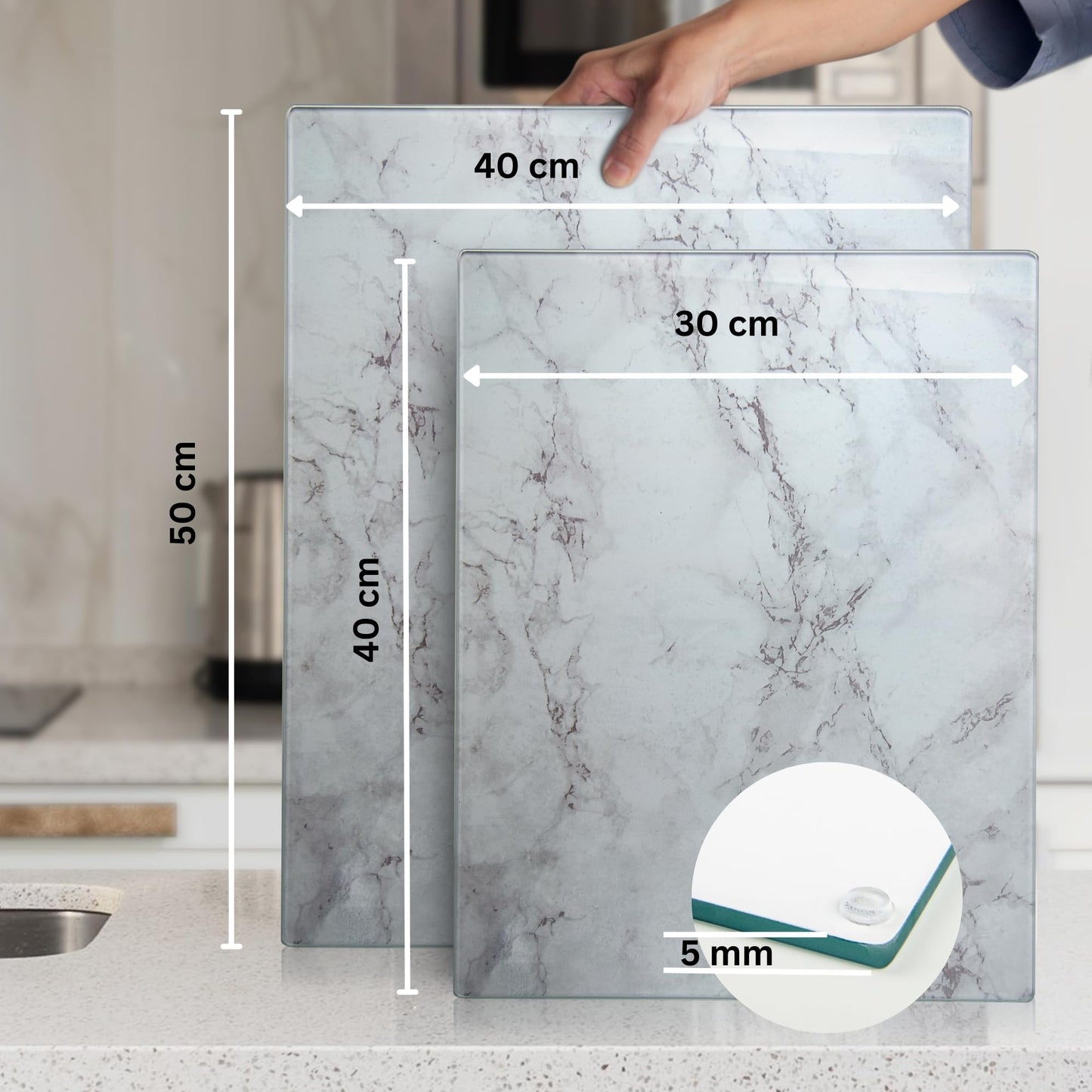 Kitchenville Glass Cutting Board 40x30cm - Hygienic cutting board made of tempered glass - Heat resistant, scratch resistant & non-slip - Glass plate for the kitchen - Grey marble look