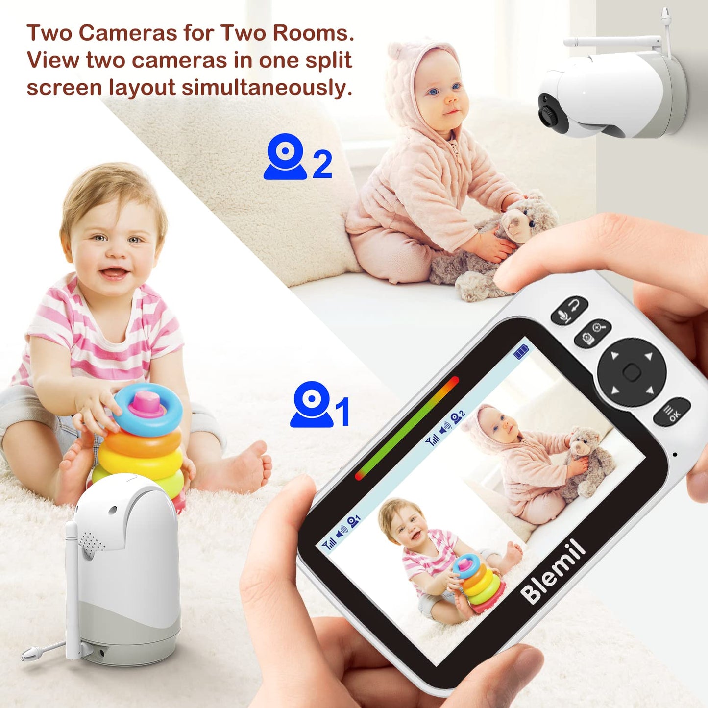Baby monitor with 2 cameras and audio, 30-hour battery, 5" large split-screen video baby monitor with 2 cameras and audio, remote pan/tilt/zoom, two-way talk, room temperature, auto night vision.