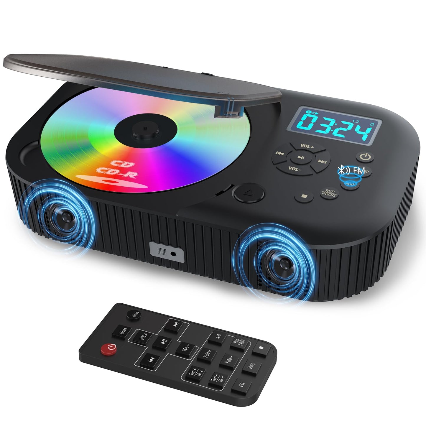 MONODEAL portable CD player with two stereo speakers, Bluetooth, and radio. Rechargeable Discman CD player, supports AUX/USB.