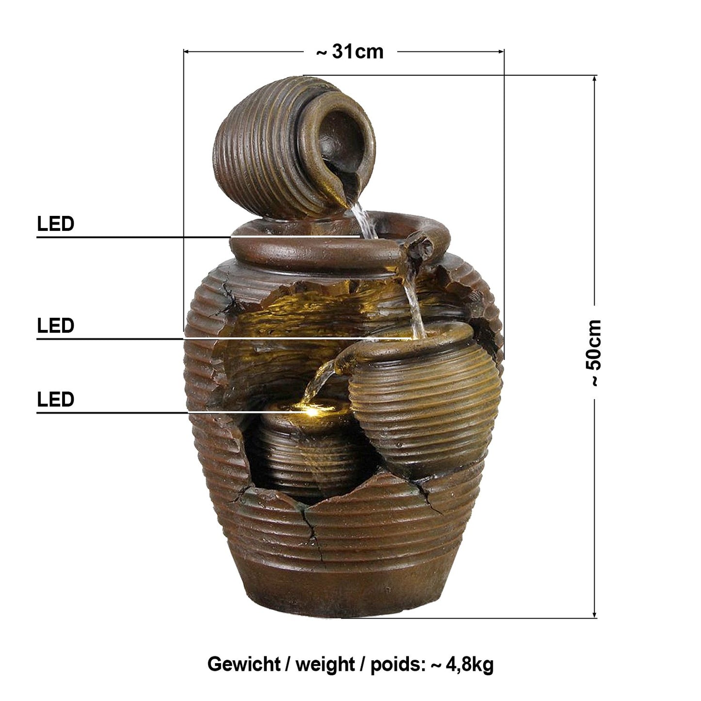 Garden fountain fountain ornamental fountain indoor fountain fountain 4 amphorae with LED light 230V waterfall water feature for garden, pond, terrace, pond, balcony very decorative
