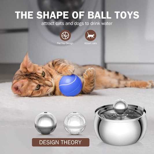 TOMXCUTE Cat Fountain, 4L Drinking Fountain for Cats made of Stainless Steel with Toy Ball Design, Dishwasher Safe, Ultra-Quiet Cat Drinking Fountain with 3 Carbon Filters and 1 Sponge, for multiple