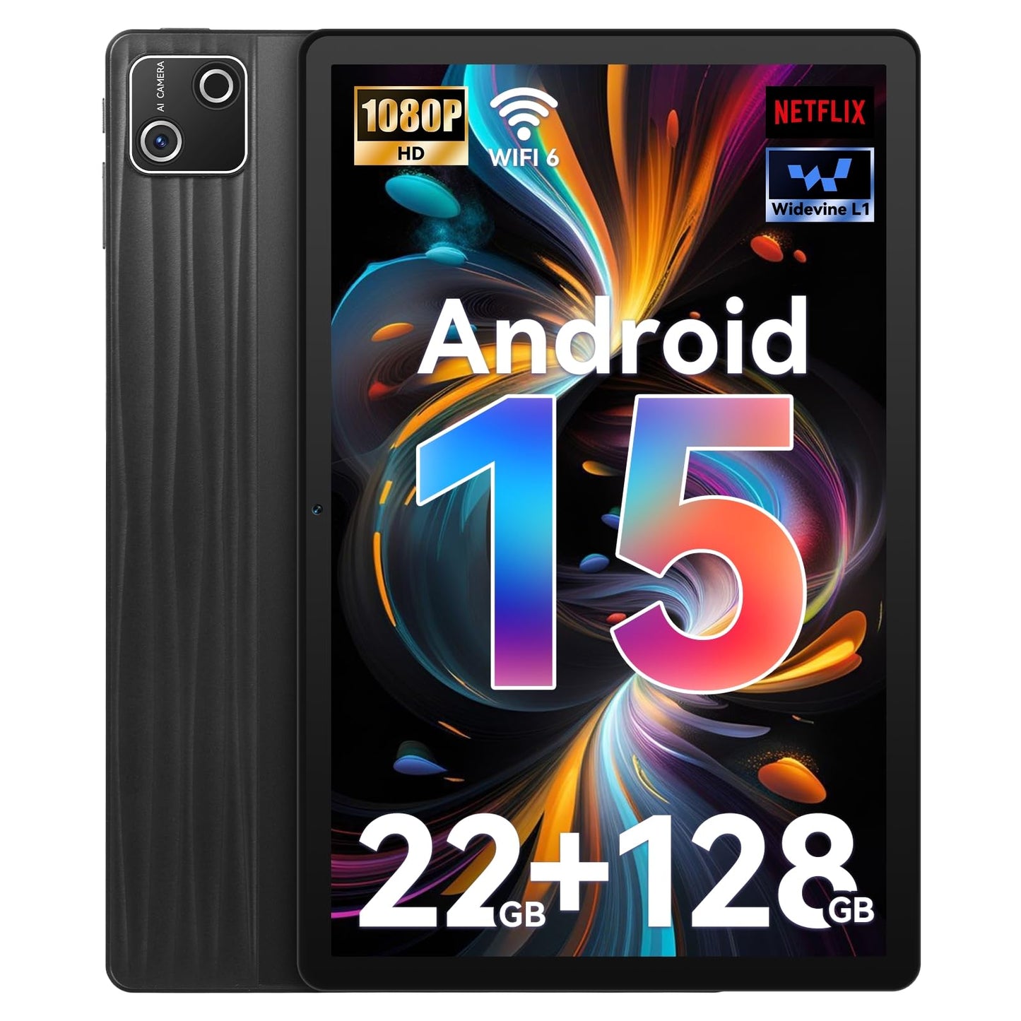 Whitedeer Android 15 Tablet 10 inch 22GB+128GB+1TB TF Octa Core and Widevine L1, Wi-Fi 6G/BT 5.3, 6200mAh Gaming Tablet Android, Dual 5+8MP, Computer mode supported - Black