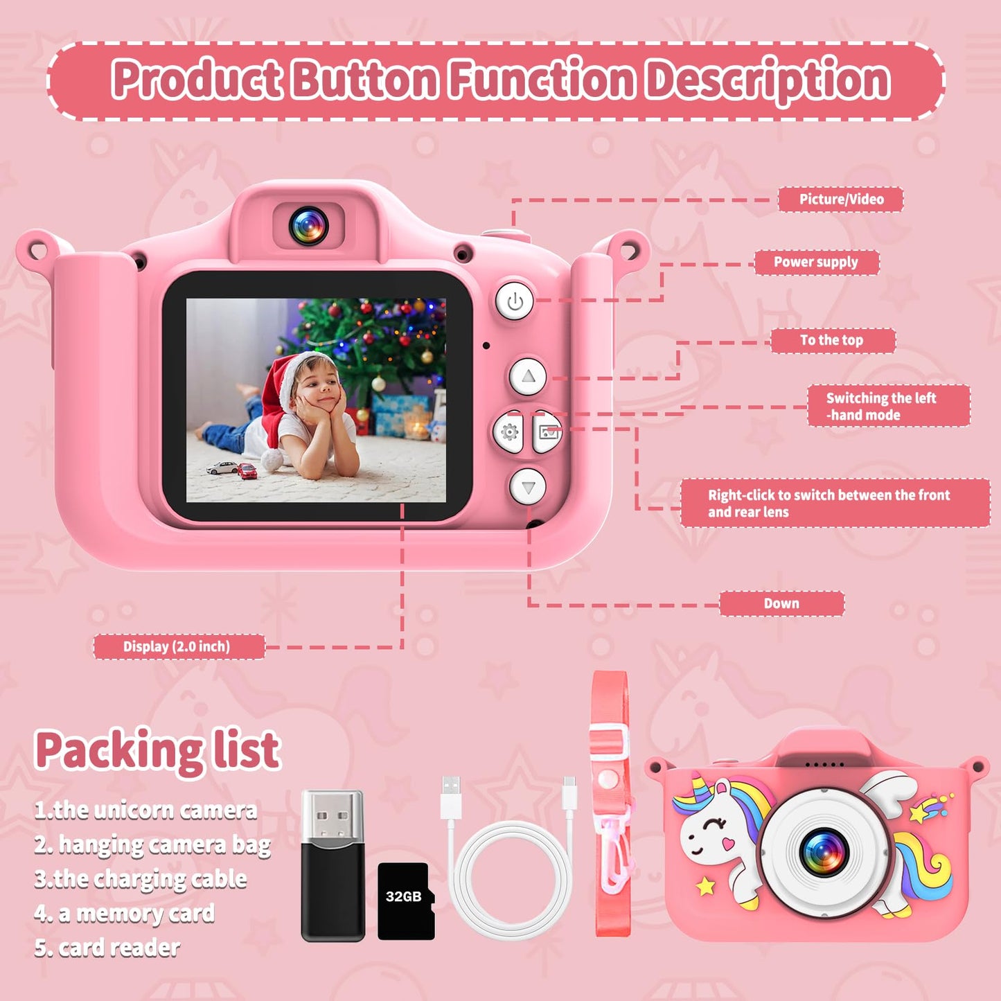 MYSTILUCK Kids Camera, 1080P HD Digital Camera for Kids with 2.0" Screen & 32GB Card, Camera Toy for Boys & Girls, Children 3-12 Years Christmas & Birthday.