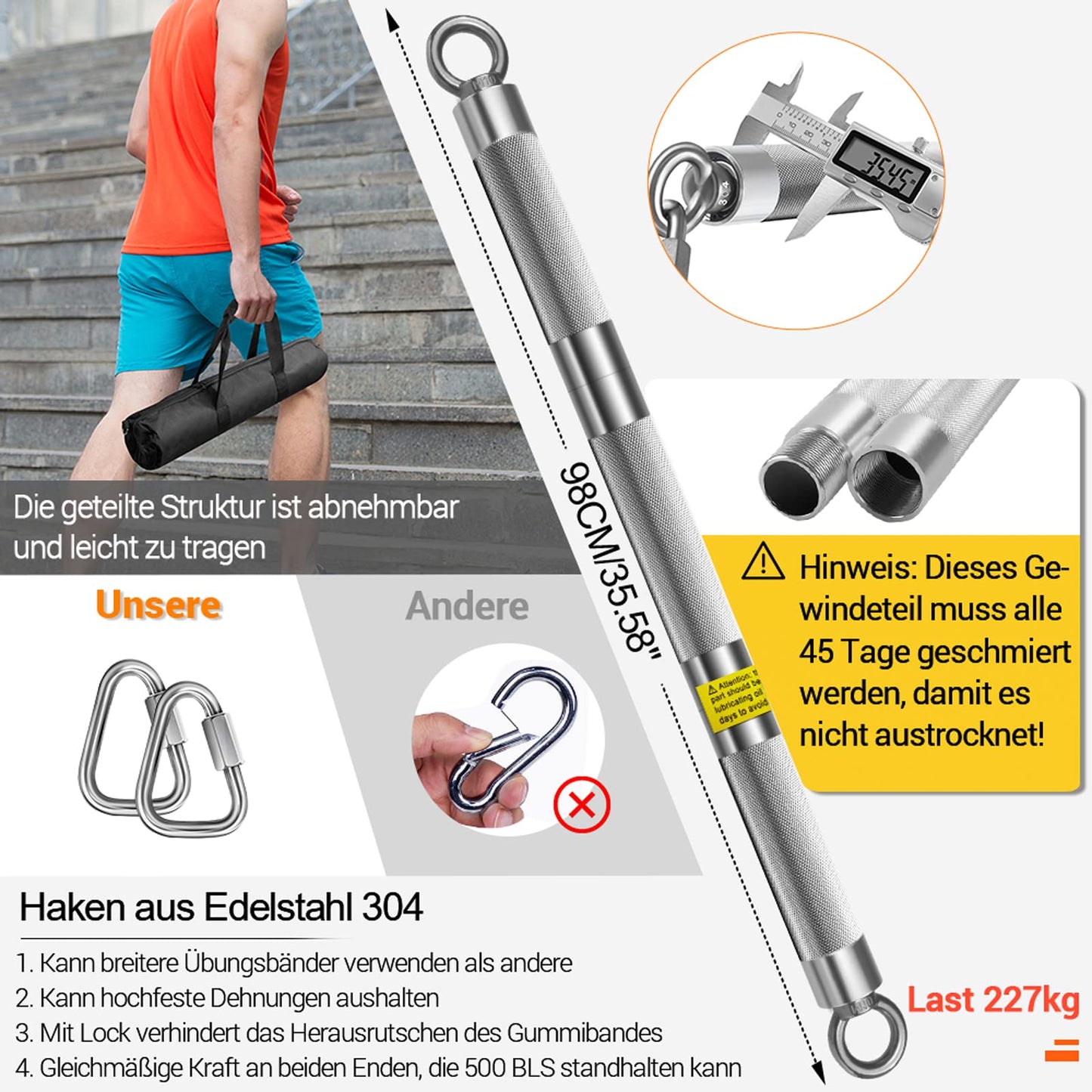 DASKING Fitness Bands Strength Training with Bar, Resistance Bands Set- 4 Resistance Bands, 98cm Detachable Fitness Bar, Handles for Pull-Up Bands - Home Fitness Equipment, Home Gym Sport Equipment