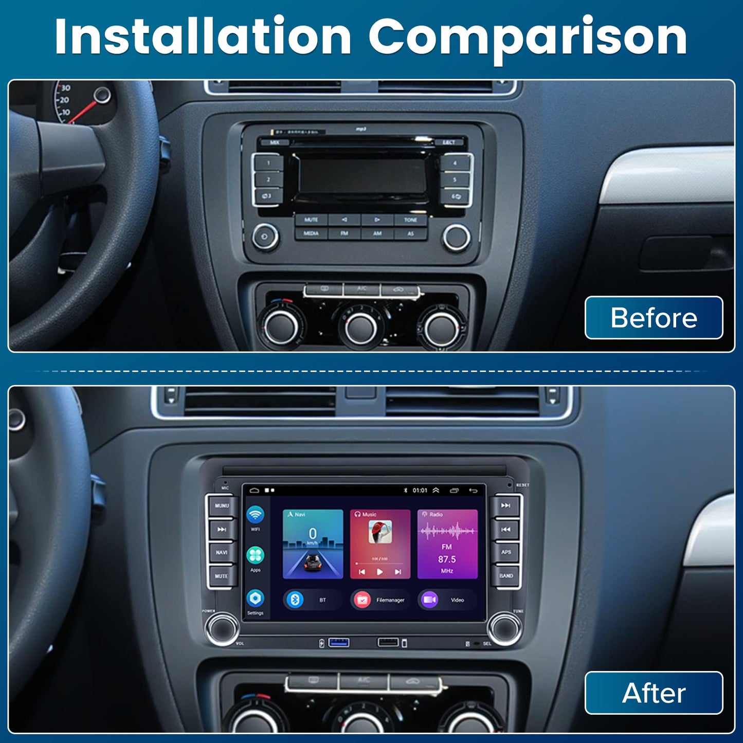 Hikity Android 13 car radio navigation for VW Golf 5 V 6 EOS Passat B6 Touran Polo Caddy, with wireless Carplay, Android Auto, 1+32GB storage, 7-inch 2Din radio with GPS, WiFi, Bluetooth, FM, RDS, Hi-Fi MIC, and AHD rearview camera.