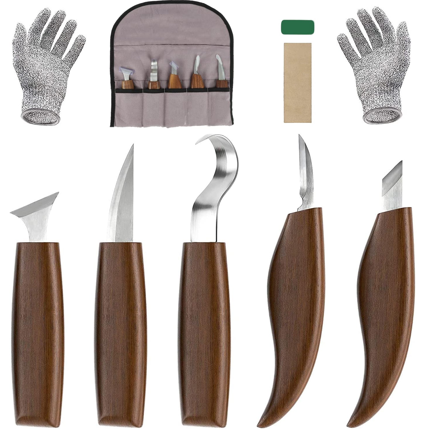 Wood Carving Tool Set, 10 in 1 carving knife set with 5* knife carving chisel, cut-resistant gloves, oil wax, polishing tape, Ideal carving set for beginners and professionals.