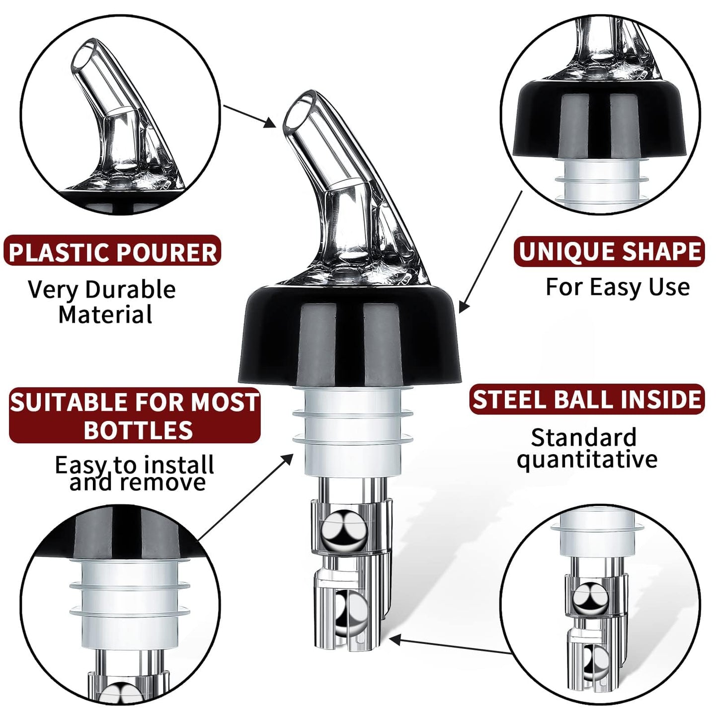 12 pieces of bottle pourer spouts with 3cl portion control and dust cover. Perfect for measuring and pouring cocktails.