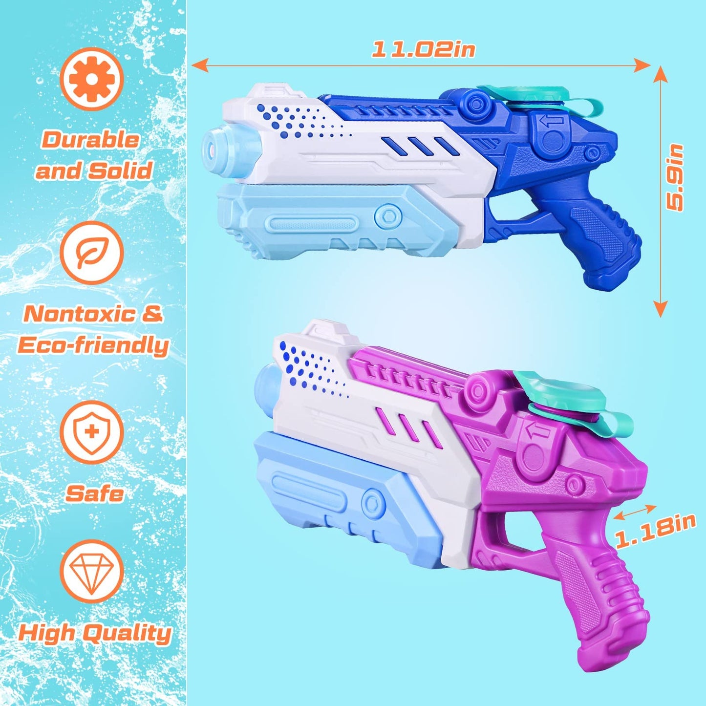 RONSTONE Water Gun Kids 4 Pack - Water guns with 9 meter range and 300ML water capacity - Summer swimming pool beach water battle water squirt gun toy