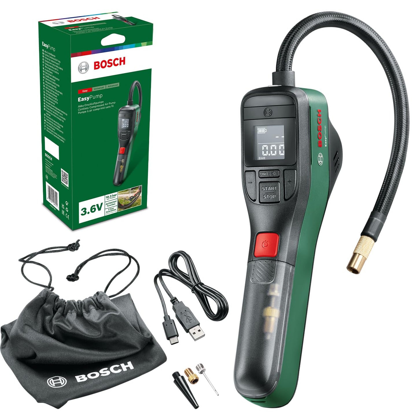 Bosch electric bike pump/air pump/mini compressor EasyPump (3.0 Ah battery, 3.6 volts, auto-stop function, 150 PSI, 10.3 bar, LED, rechargeable via USB-C®, in box)