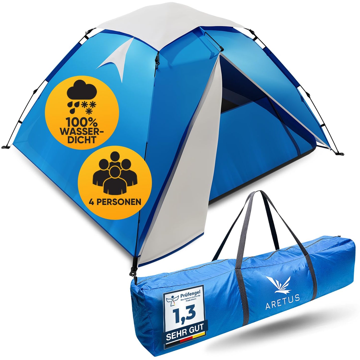 Aretus - Pop up tent for 2-4 people SET UP AND TAKE DOWN IN 45 seconds - Extra Large & Waterproof - Automatic pop up tent for 3 people, tent for 3 men