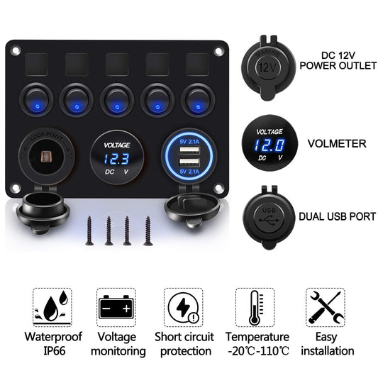 5-speed switch panel, 12V/24V toggle switch panel IP65 waterproof LED voltmeter dual USB socket charger for car boat marine RV truck camper vehicles (blue)