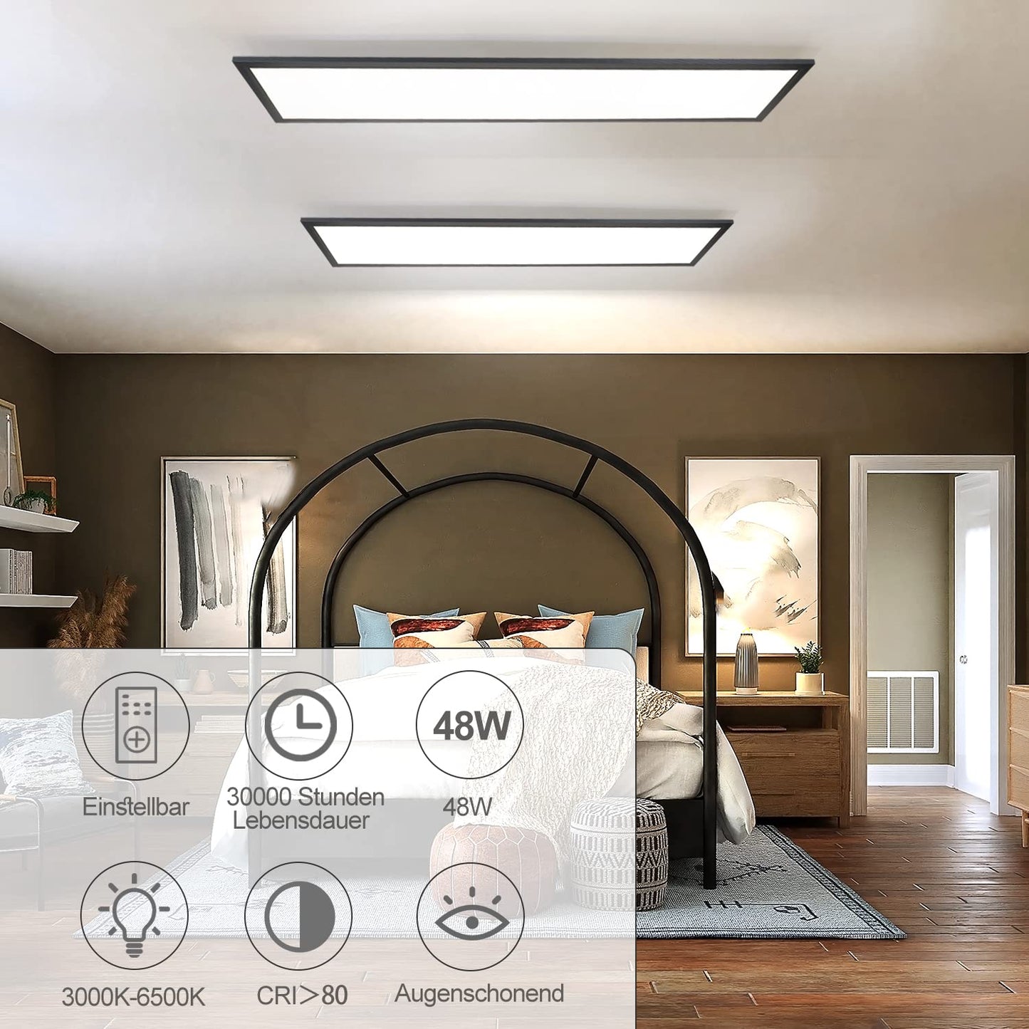 CBJKTX LED panel black ceiling light dimmable - ceiling lamp 120x30CM long with remote control 48W kitchen lamp flat office lamp modern ceiling panel daylight lamp rectangular for kitchen living room office