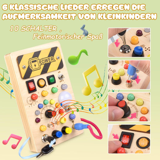 YIKANWEN Montessori Busy Board Toy for 1 2 3 Year olds, wooden toy with music and 10 LED light switch sensory learning toy for babies toddlers boys girls aged 1 2 3 4 years