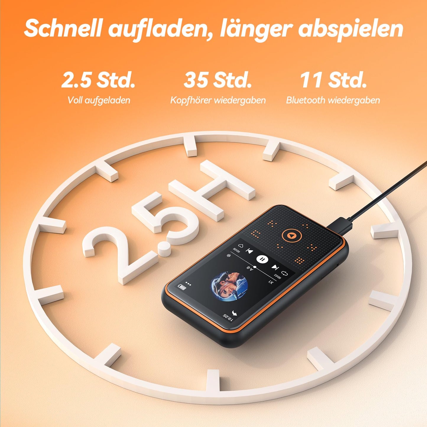 AGPTEK 64GB MP3 player with sport clip, Bluetooth 5.3 player with 1.8-inch TFT color screen, mini music player with touch buttons, FM radio, pedometer, supports up to 128GB SD card, orange