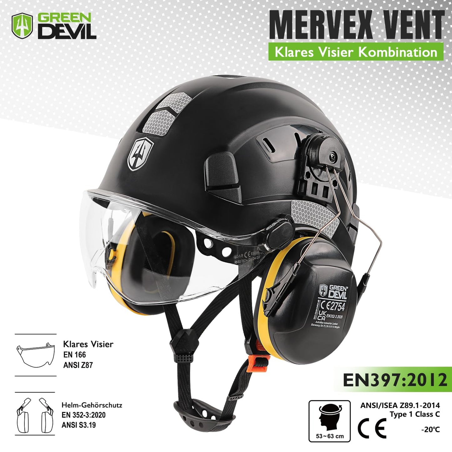GREEN DEVIL protective helmet work helmet with clear visor and ear protection earmuffs Adjustable ABS safety helmet Ventilated construction helmet Industrial helmet (Black)