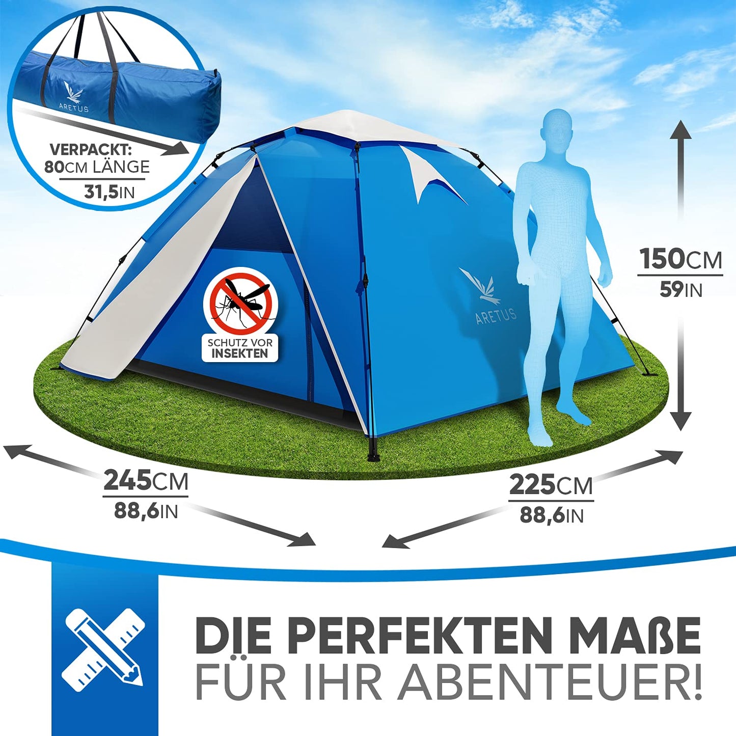 Aretus - Pop up tent for 2-4 people SET UP AND TAKE DOWN IN 45 seconds - Extra Large & Waterproof - Automatic pop up tent for 3 people, tent for 3 men