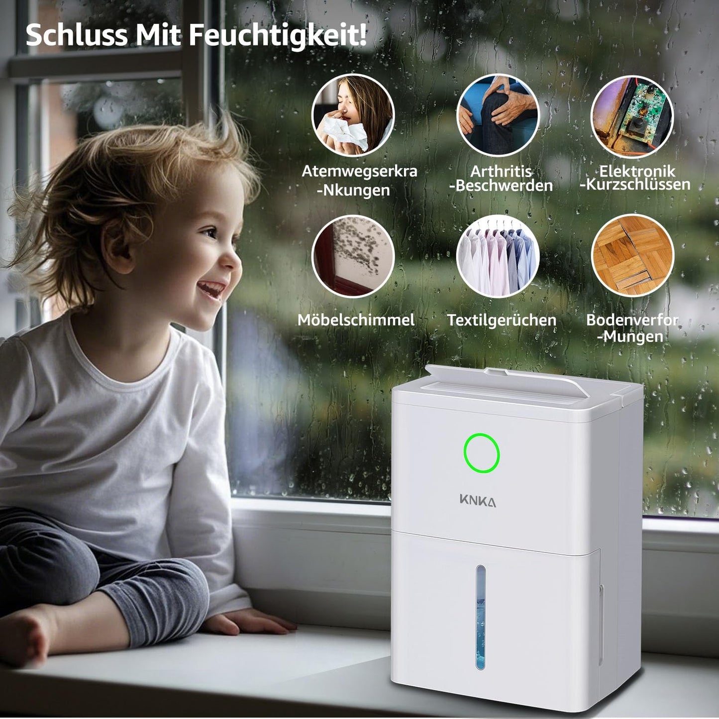 KNKA Dehumidifier, 9L/T, Quiet Electric Dehumidifier, Room Dehumidifier with Drain Hose, Removable Casters, Child Lock, 24H Timer, 60m³ (25m²), for Bedroom, Bathroom, and Laundry Room