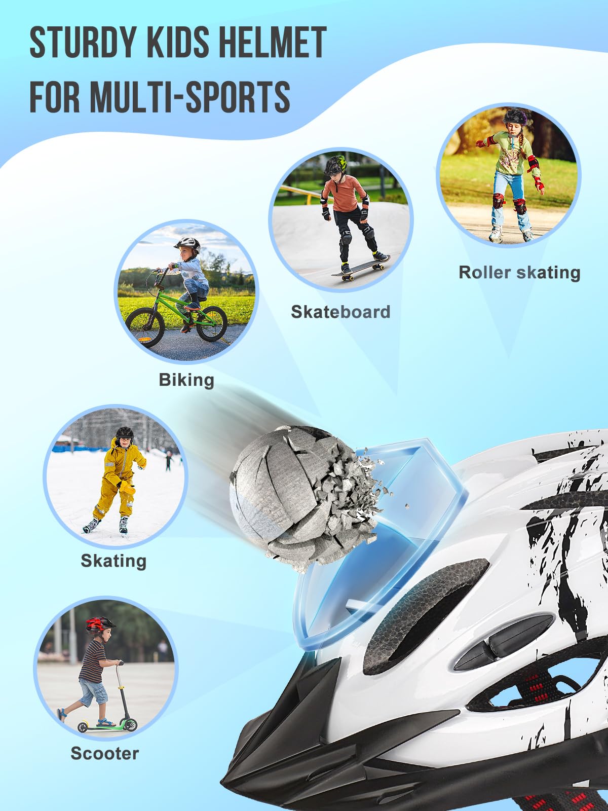 Kids bike helmet, Adjustable helmet for boys and girls aged 3-15, Multi-sport helmet (50-59cm), Safety helmet for biking, scooting, skating (White, S: 50-55cm)