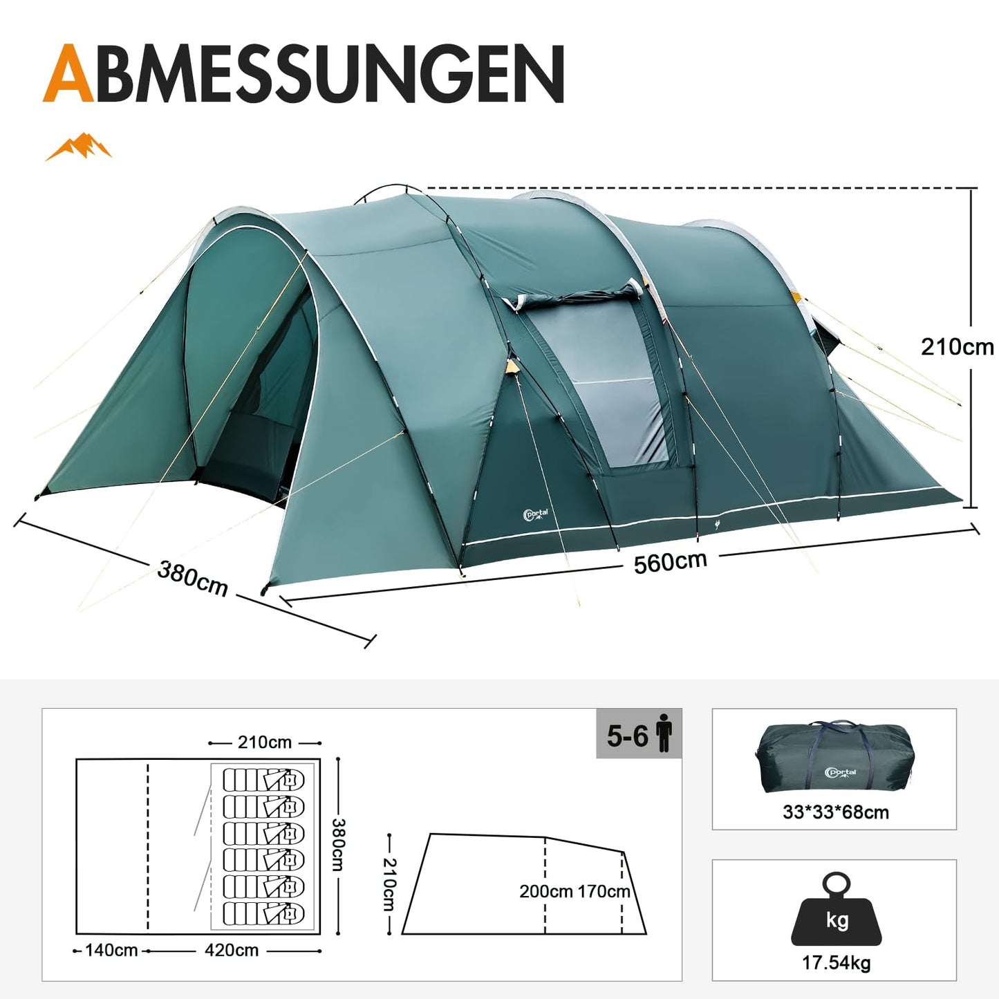 Portal tent for 5-6 people, tunnel design, waterproof 3000mm. Luxury camping tent with 2 sleeping cabins, standing height, vestibule, large floor, ideal for families, groups, camping, travel, trekking, and garden.