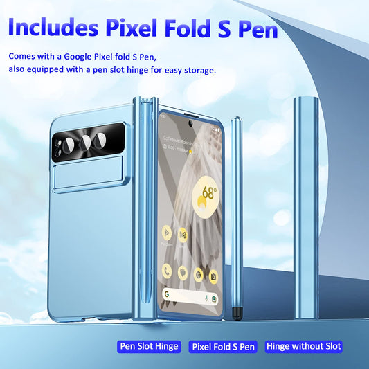 Miimall phone case Compatible with Google Pixel Fold, Tough PC Material, Protective Cover with Screen Protector, Camera protection, Hinge protection, Stand + Pen, Blue