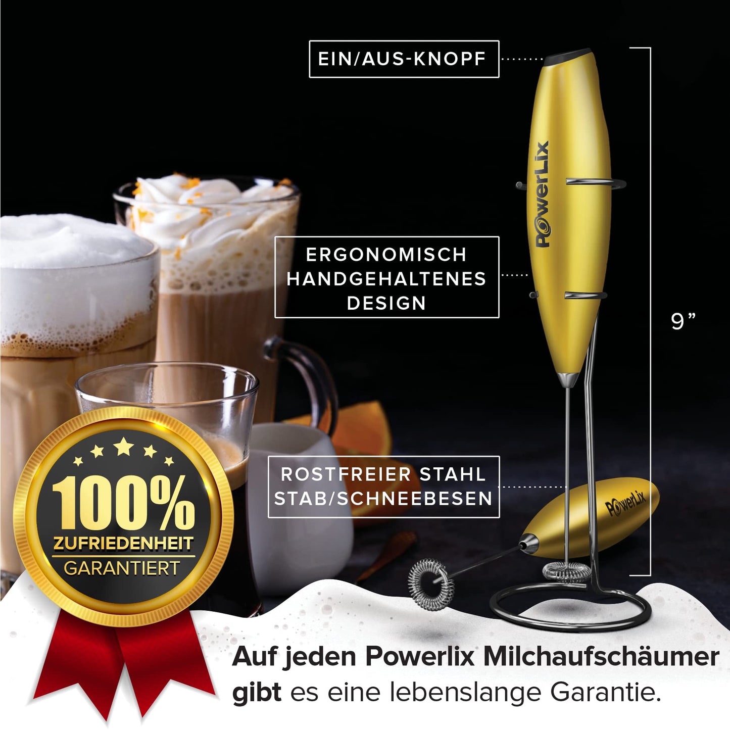 PowerLix Milk Frother Wand, Electric Milk Frother - with Stainless Steel Stand 15-20s, 19000 RPM, Battery Operated Milk Frother for Coffee, Latte, Cappuccino, Hot & Cold Chocolate