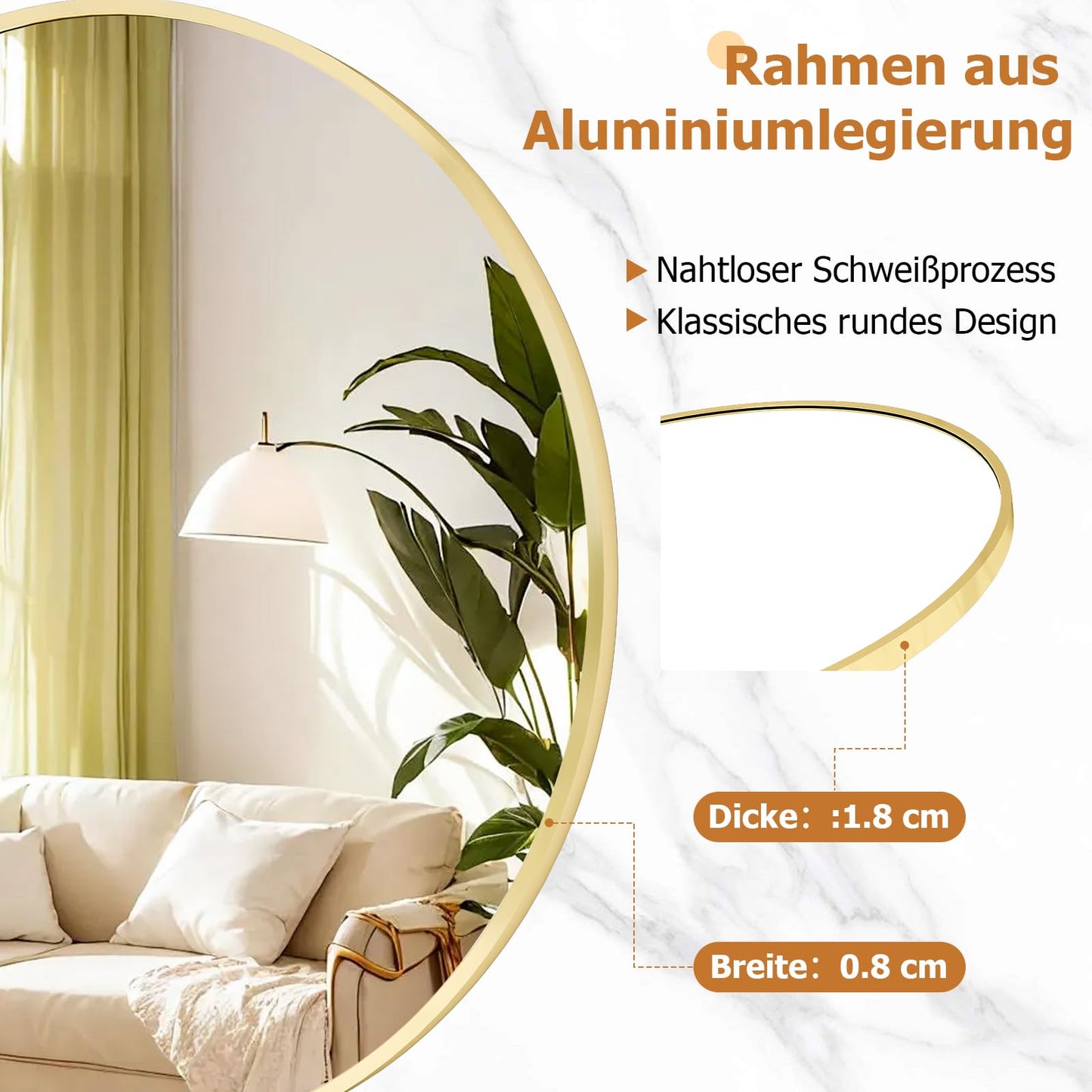 Koonmi 80cm Gold Round Mirror with Aluminum Alloy Frame for Bathroom, Vanity, Living Room, Bedroom, Entryway Wall Decor