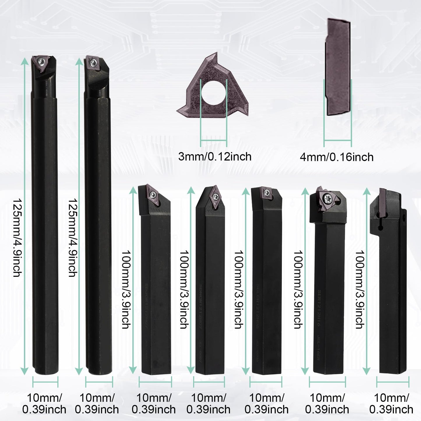 21 piece indexable turning tool set with boring bar, turning tool, and turning tool holder. Includes 7 turning tool holders, 7 carbide inserts, and 7 wrenches (10 mm).