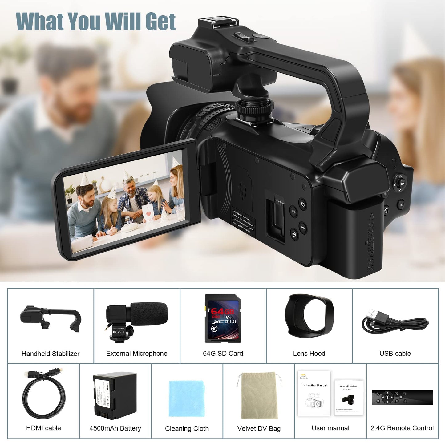 4K video camera camcorder 60FPS 64MP 18X digital zoom auto focus vlogging camera for YouTube, 4.0" touch screen HD WiFi video camera with 4500mAh battery, 64G SD card, stabilizer, microphone, and remote.