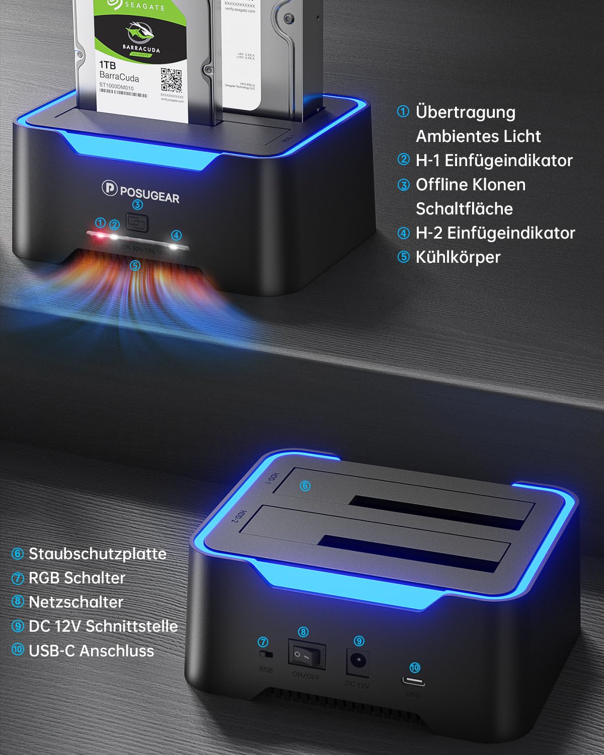 POSUGEAR Hard Drive Docking Station, RGB USB 3.0 Hard Drive Enclosure for 2.5 and 3.5 Inch SATA HDD/SSD, 2 x 20TB Dual Bay HDD Docking Station with Offline Clone Support tool-free and UASP.