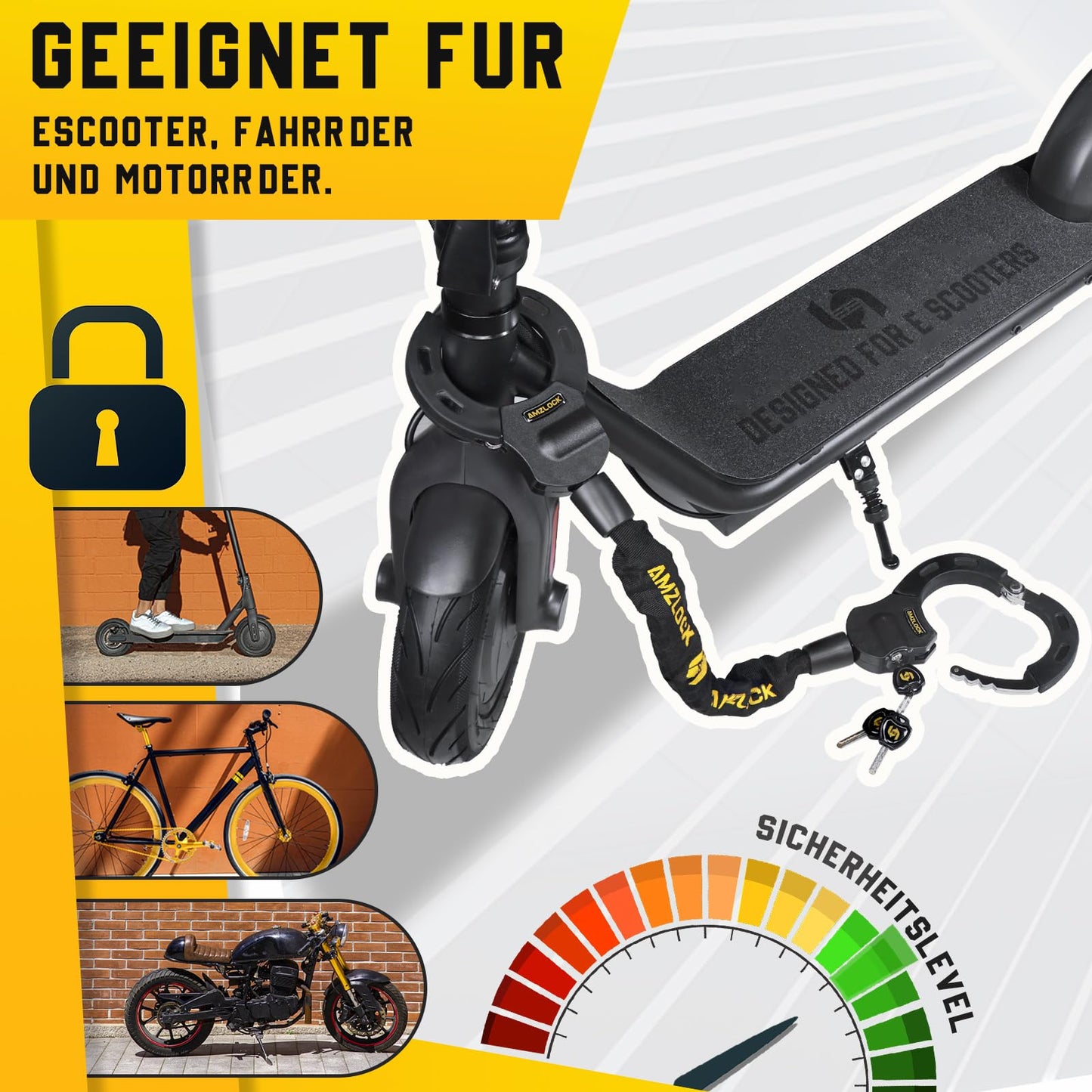 AMZLOCK E-Scooter lock with bag, handcuff lock for E-Scooters, 8mm thick chain lock