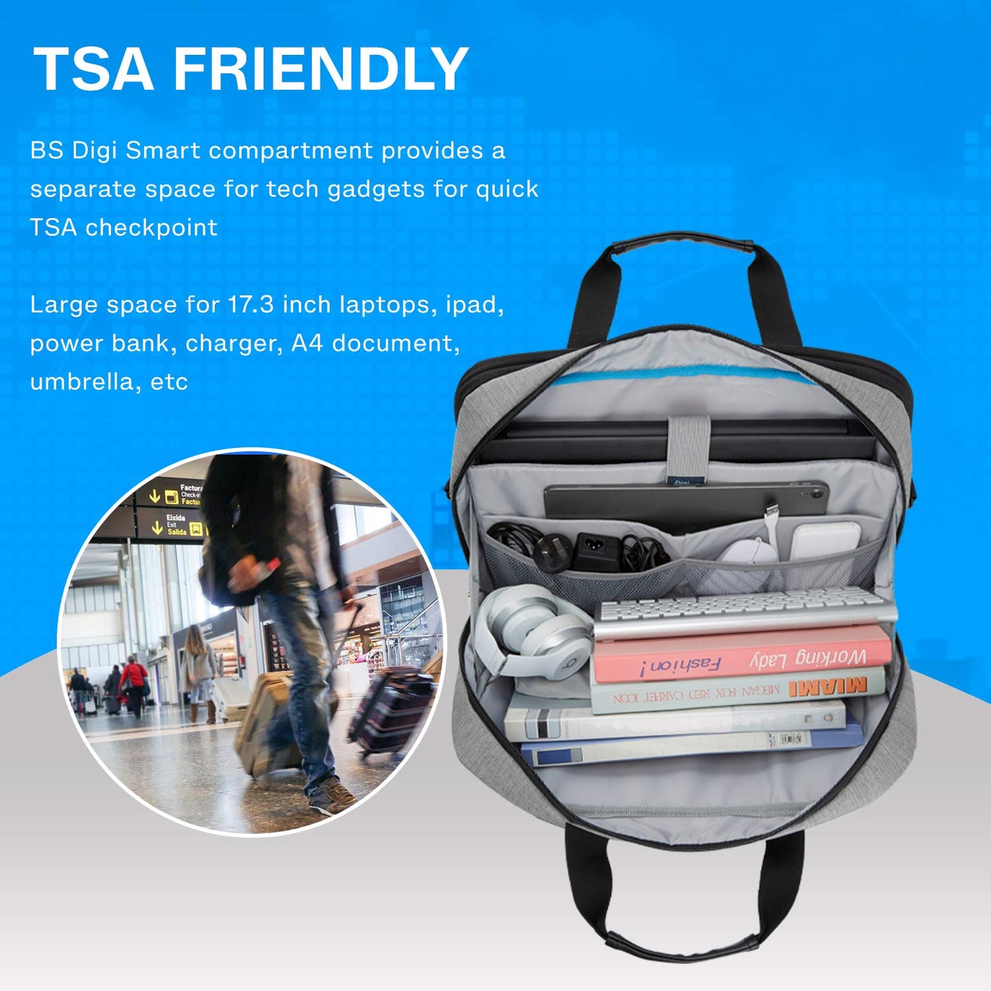 Bagsmart 17.3-inch laptop bag, expandable briefcase, computer bag for men and women, laptop shoulder bag, work bag, business travel, office, lockable (Gray-17.3 inches)