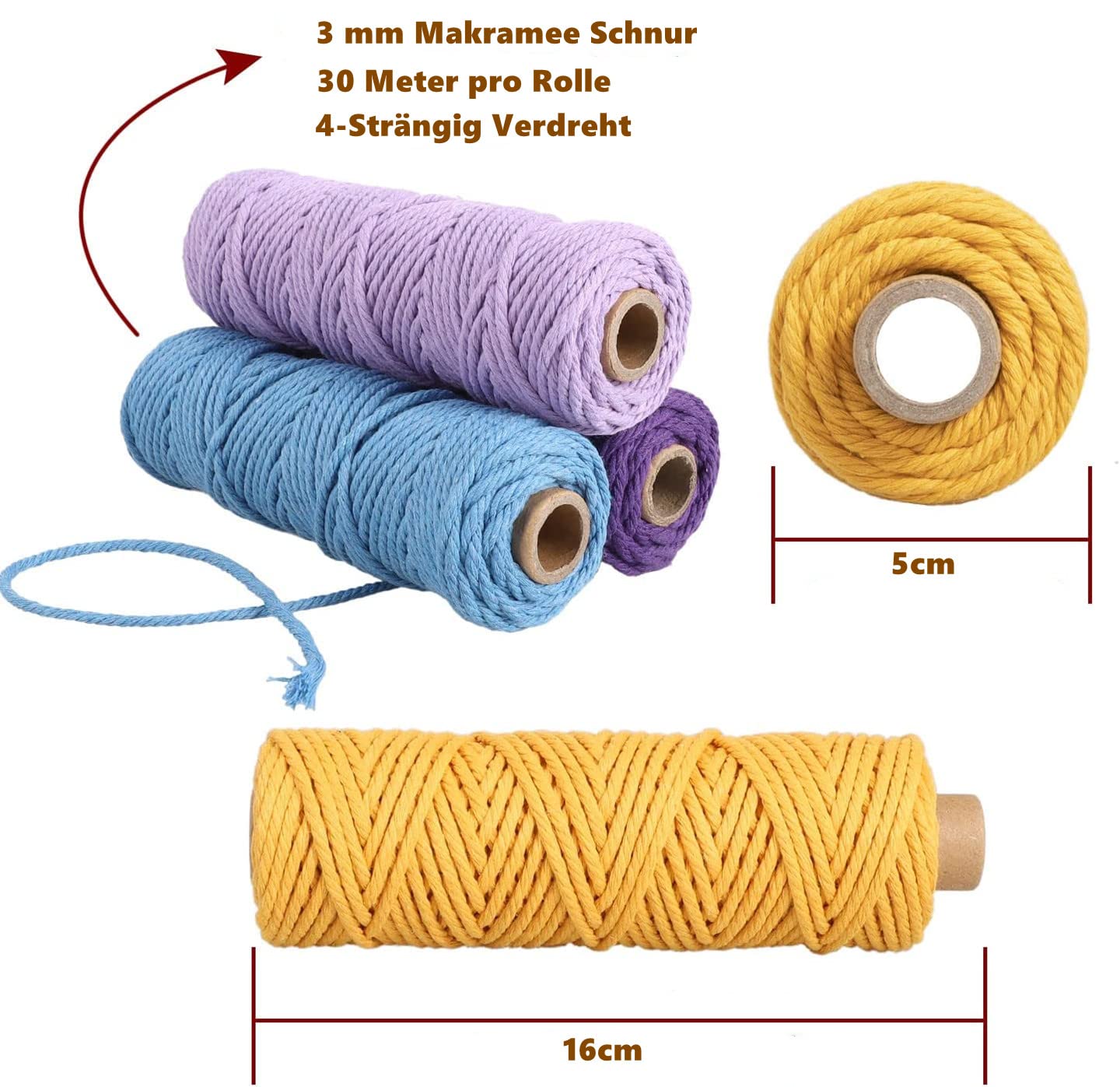 3mm x 30M Macrame Cord, 18 pieces of cotton cord for DIY crafts, knitting, boho decor. Perfect for wall hangings, living room, balcony, bedroom decoration.