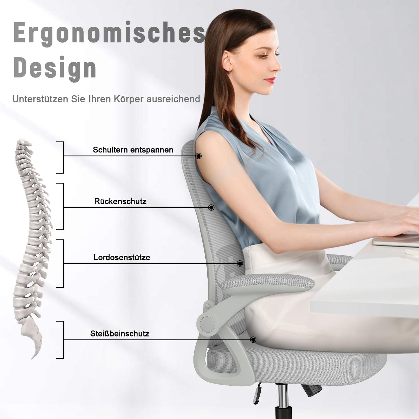 naspaluro office chair with adjustable armrests, ergonomic desk chair with mesh backrest, lumbar support, height adjustable, padded seat cushion, 360° swivel chair, gray