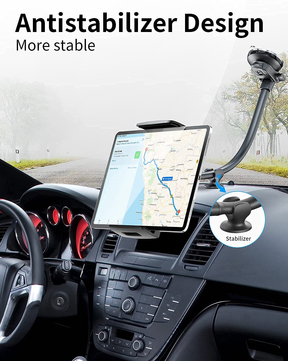 APPS2Car tablet holder for car, suitable for 7.9-11 inch tablets like iPad mini/9.7/10.2/10.5 and more. Features a 13" long arm, anti-vibration design, and 360 degree adjustability.