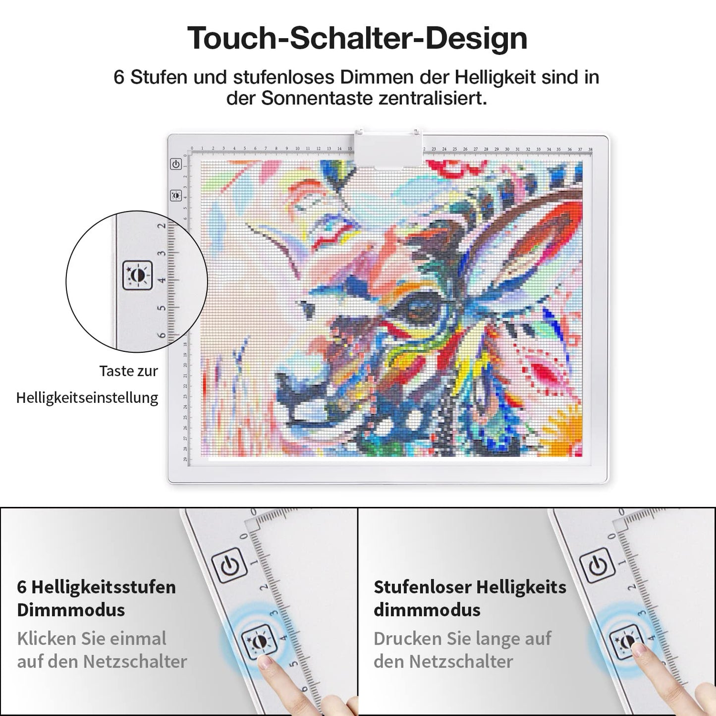 A3 light table, rechargeable LED light pad with 3 color modes and 6 brightness levels. Ideal for tracing, diamond painting, drawing, and sketching.