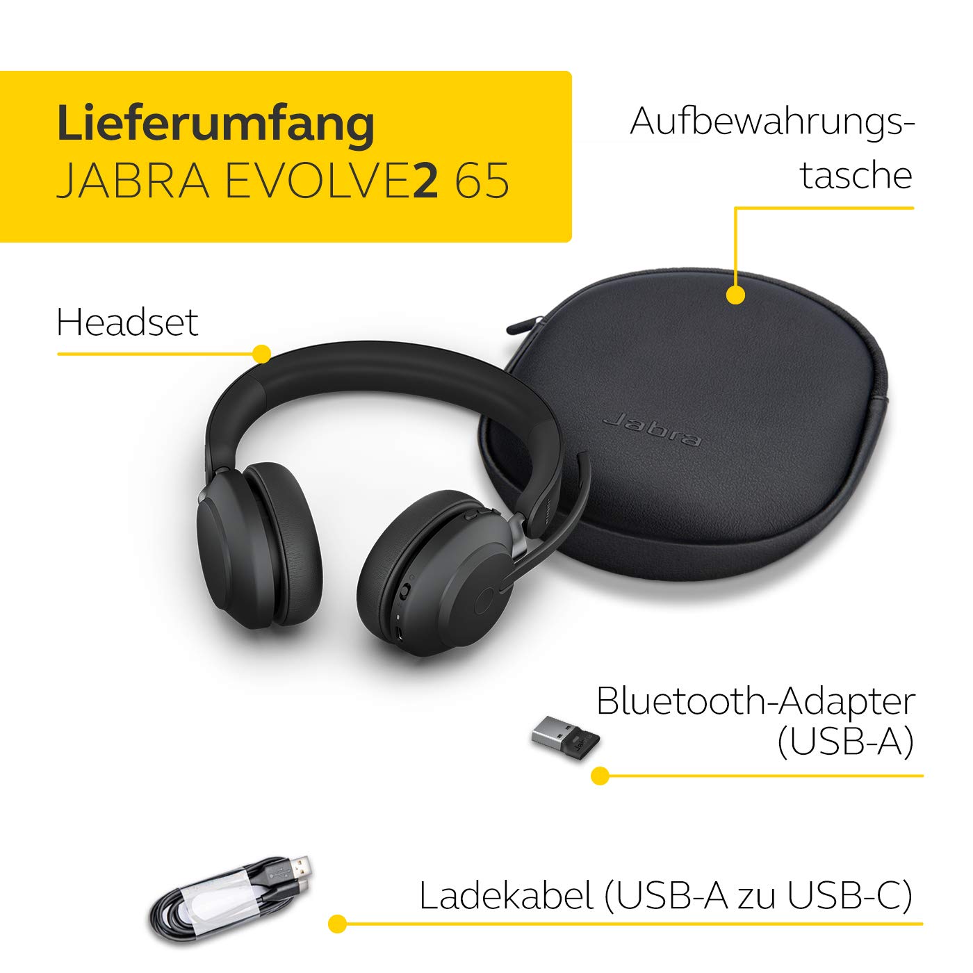 Jabra Evolve2 65 Wireless PC Headset - Noise Cancelling UC Certified Stereo Headphones with Long-Lasting Battery - USB-A Bluetooth Adapter - Black