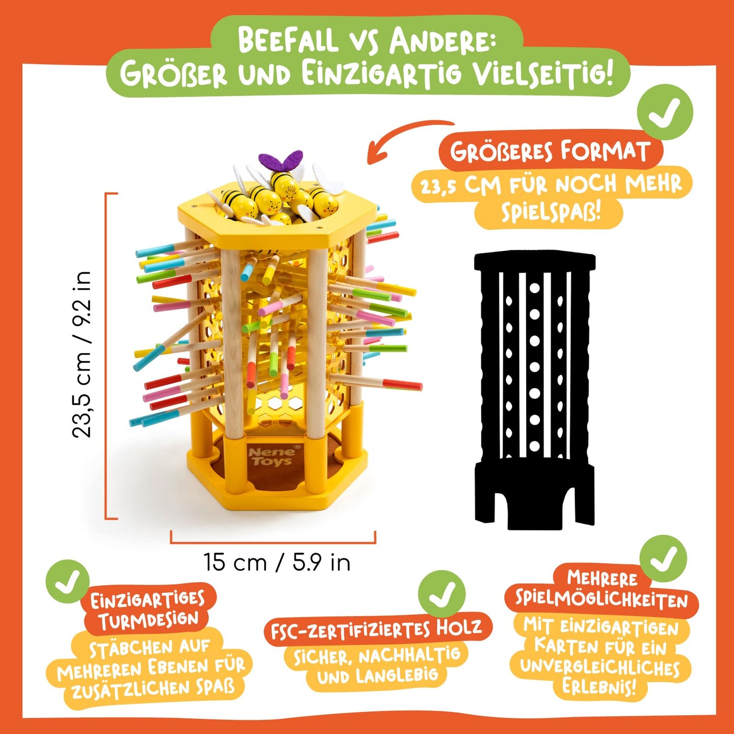 Nene Toys BEEFALL Large, 4-in-1 educational game with bees, Montessori toy for ages 3 and up featuring colorful sticks, dice, and cards - Wooden game for boys & girls 3-9 years - Educational family game