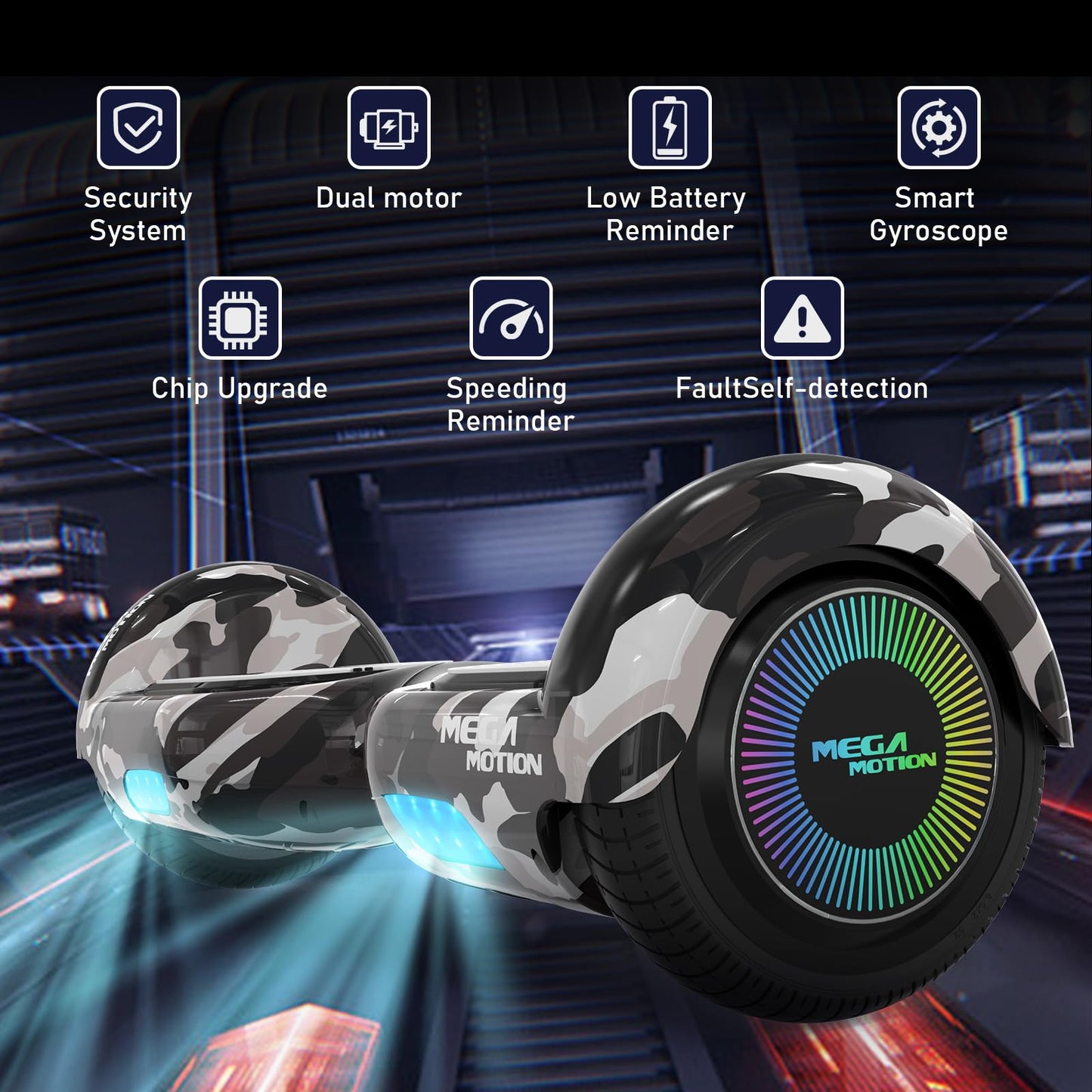 MEGA MOTION hoverboards with hoverkart for kids, 6.5 inch hoverboards with Bluetooth speaker, LED lights, gift for kids and teens.