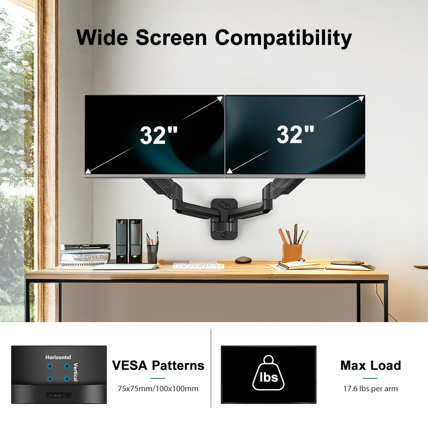 HUANUO Dual Monitor Wall Mount, for 17-32 inch screens, with gas spring arm, supports VESA 75/100mm, 8kg per arm.
