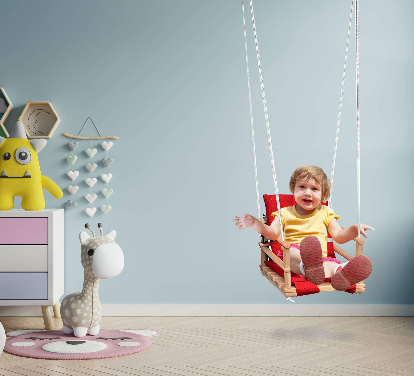 Wooden baby swing, children's swing made of wood, wooden baby bouncer, indoor baby swing, fabric baby seat, hanging baby swing, 4-in-1 safety harness, indoor/outdoor use (natural & light gray).